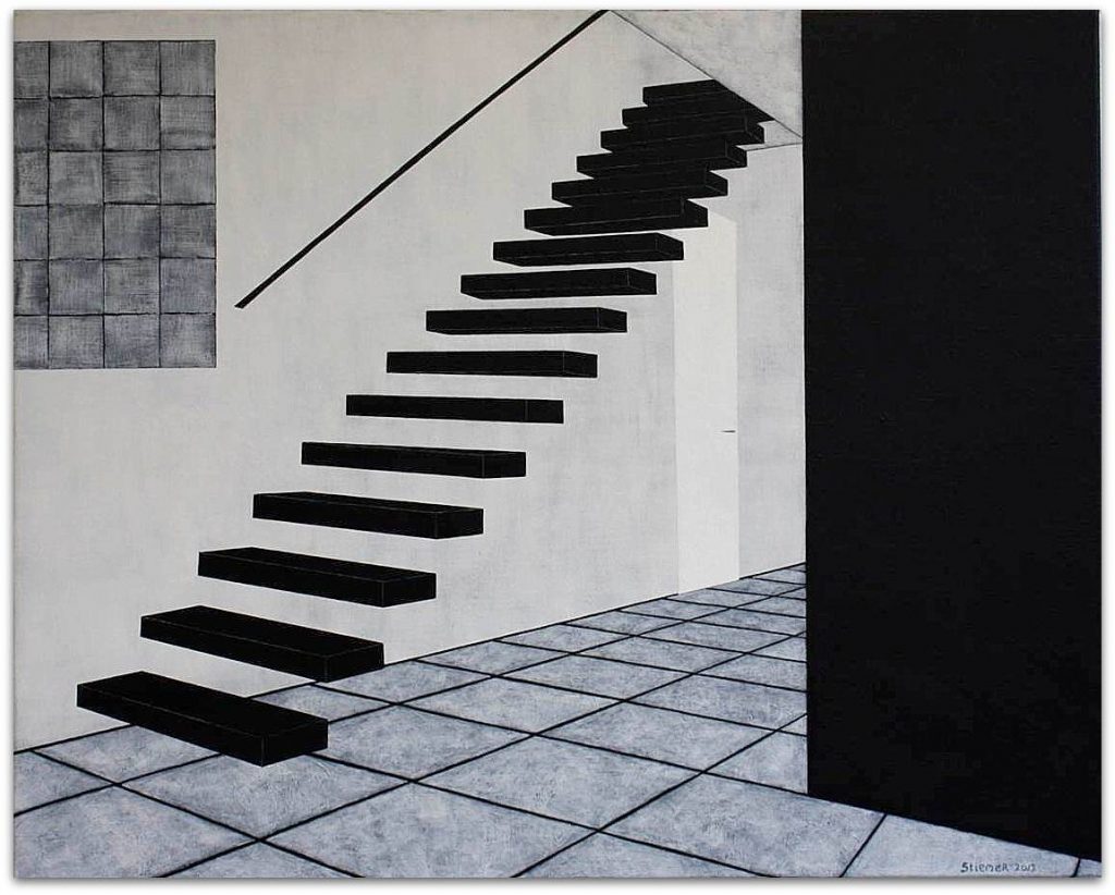 Frits Stiemer, naar boven, going upstairs, Dutch painter, corridor, schilderen met acrylverf