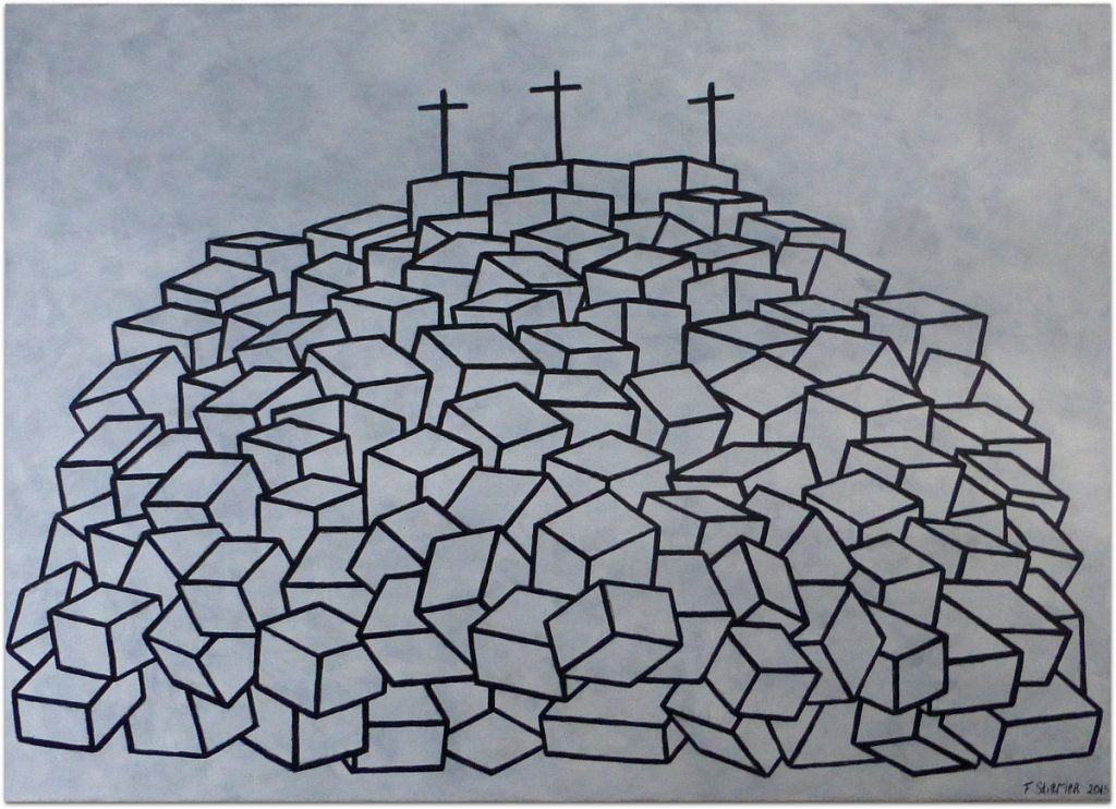 De berg Golgotha met drie lege kruizen op abstracte wijze met kubussen